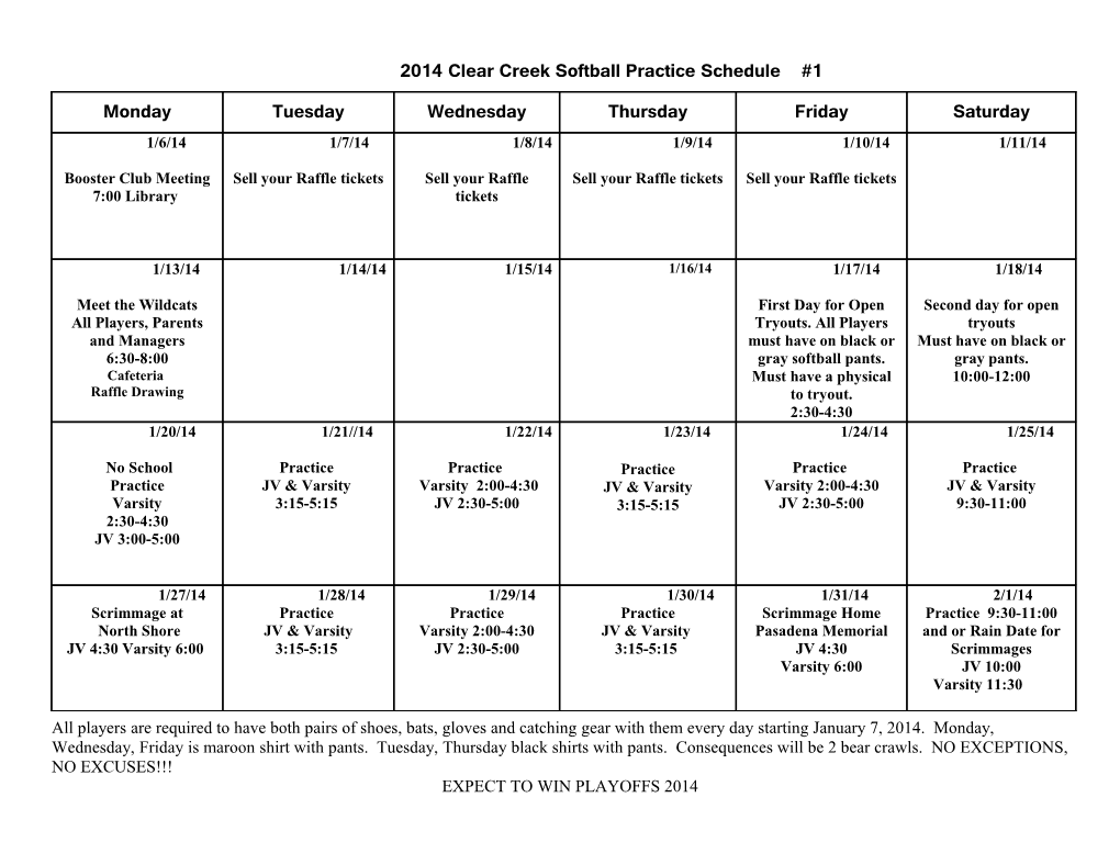 2006 Clear Creek Softball Practice Schedule
