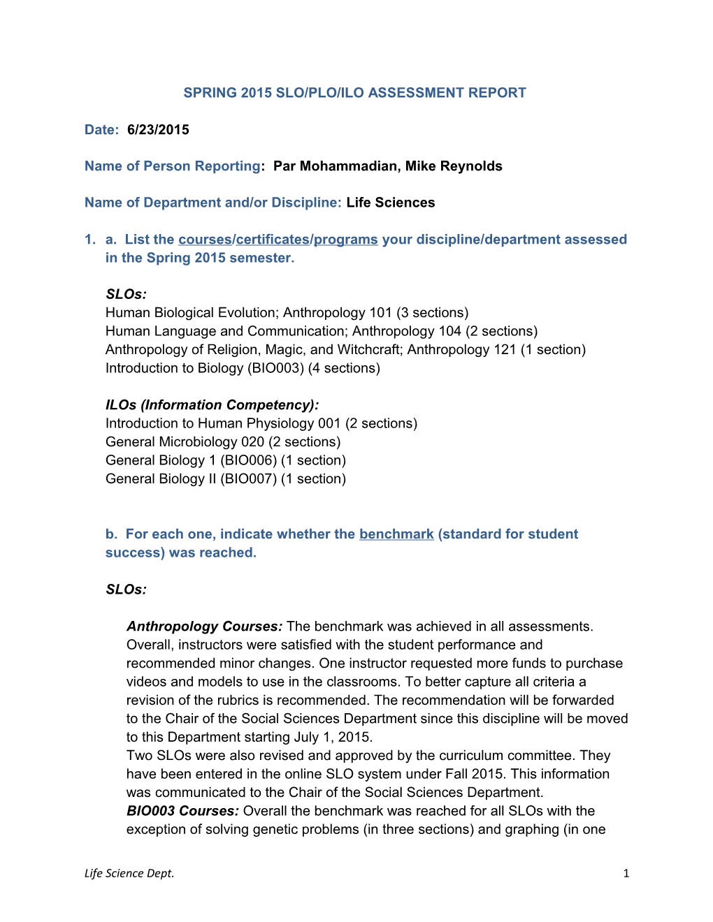 Spring 2015 Slo/Plo/Ilo Assessment Report
