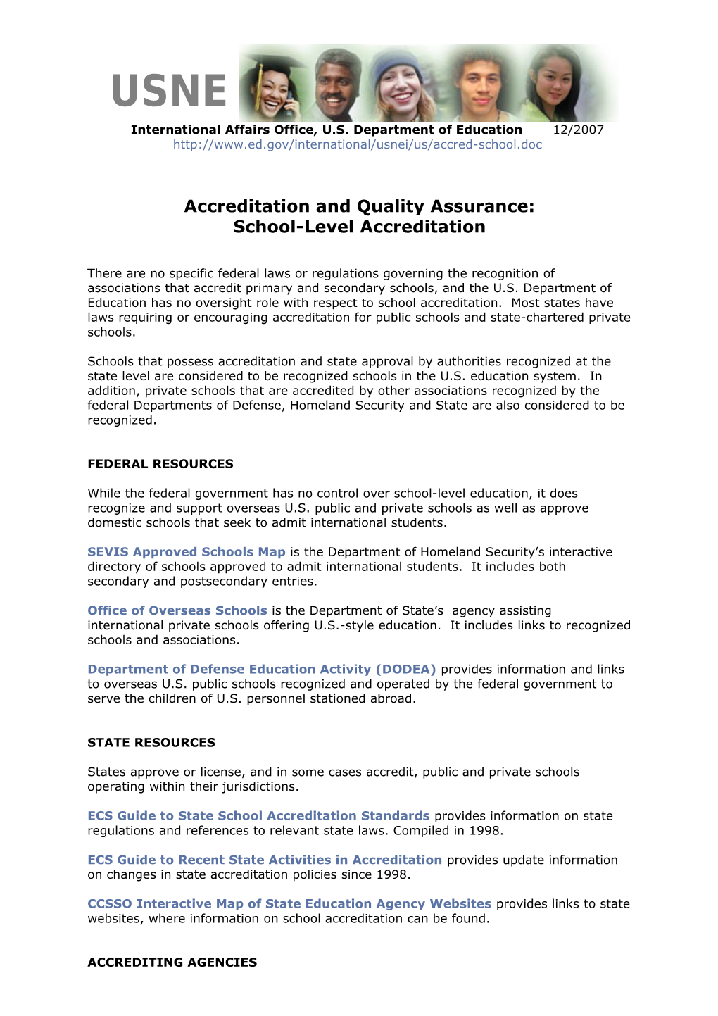 Accreditation and Quality Assurance: School-Level Accreditation (MS Word)