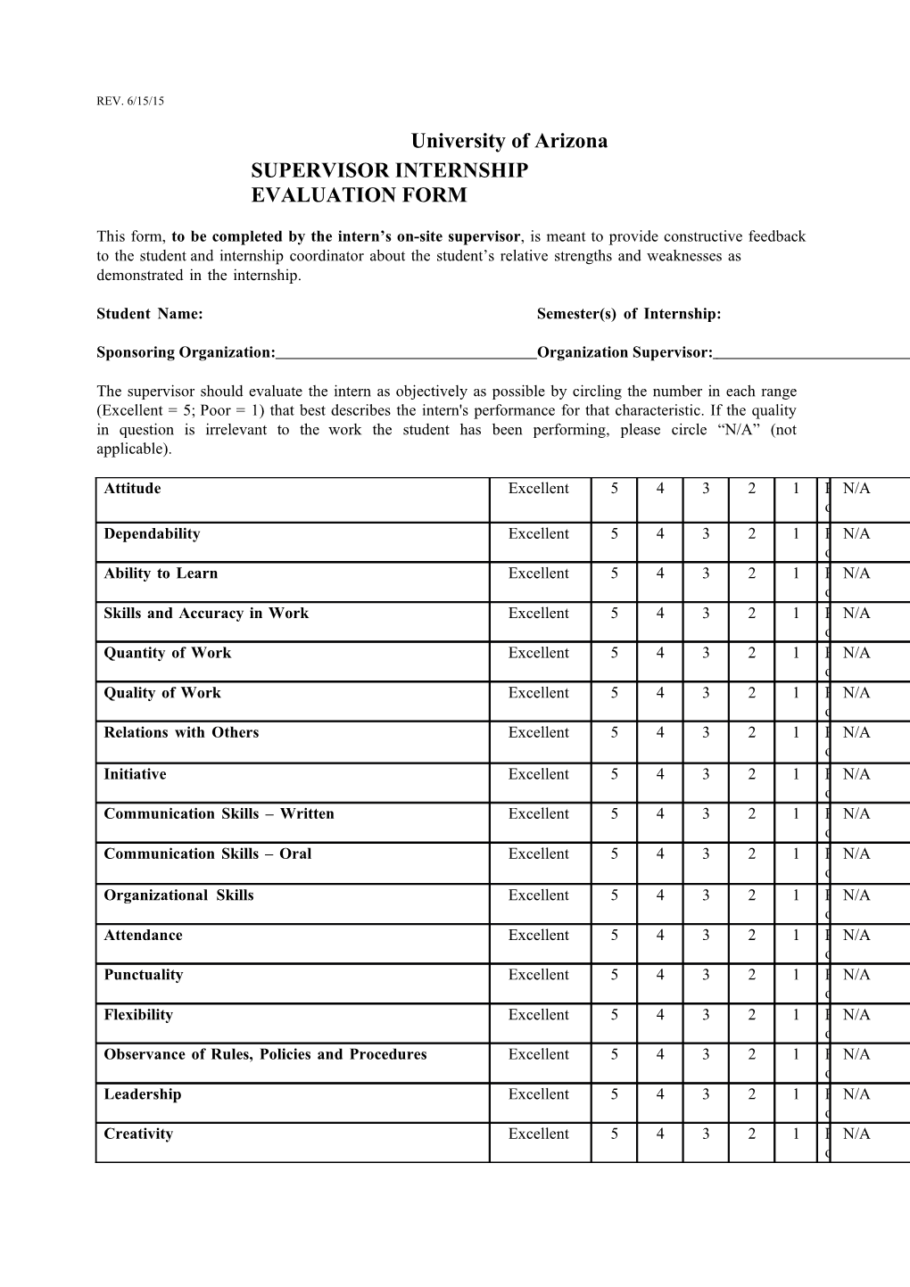 Supervisor Internship Evaluation Form