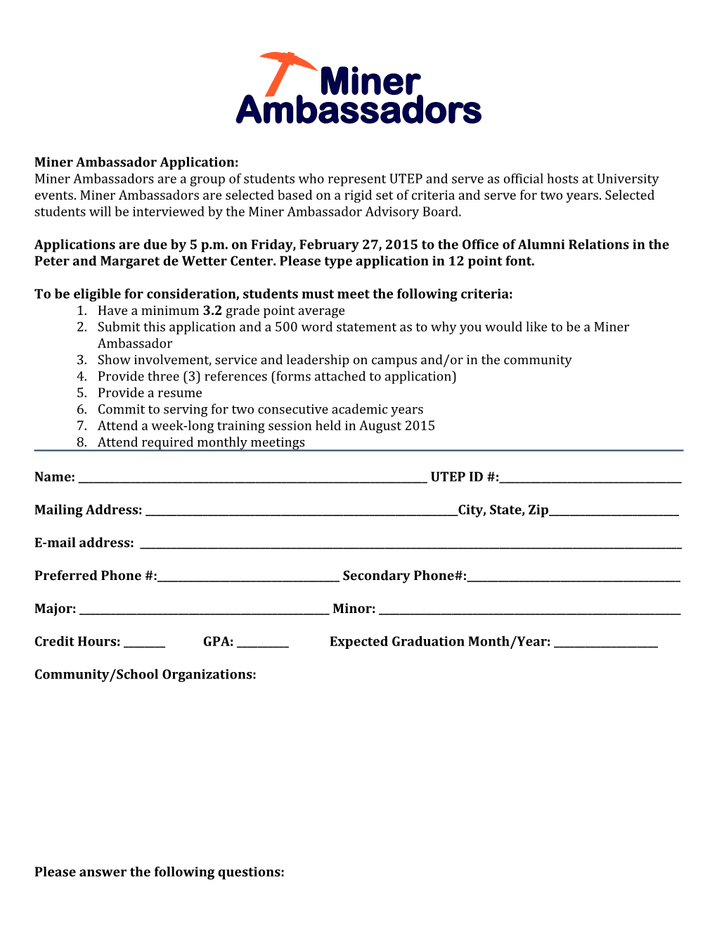 Miner Ambassador Application