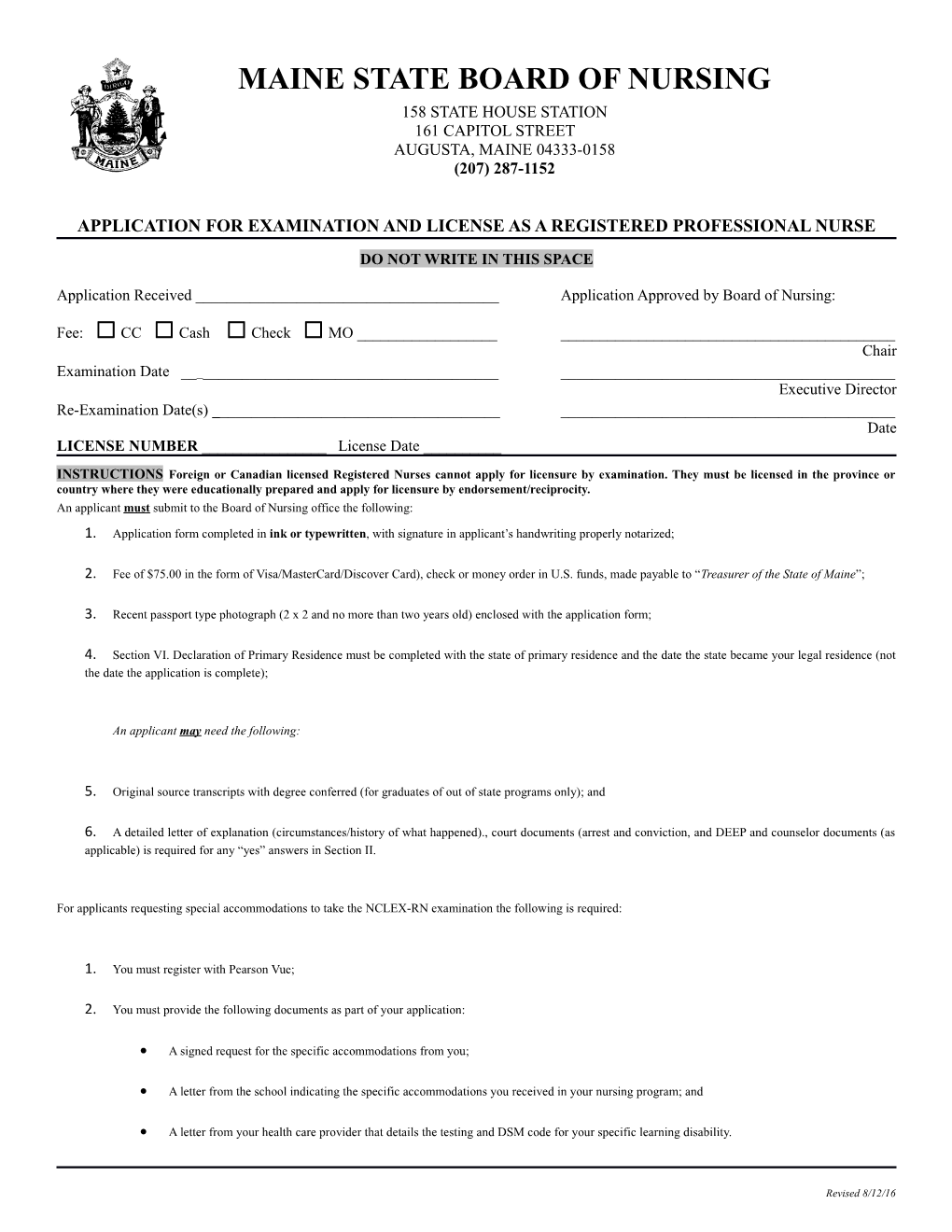Application for Examination and License As a Registered Professional Nurse