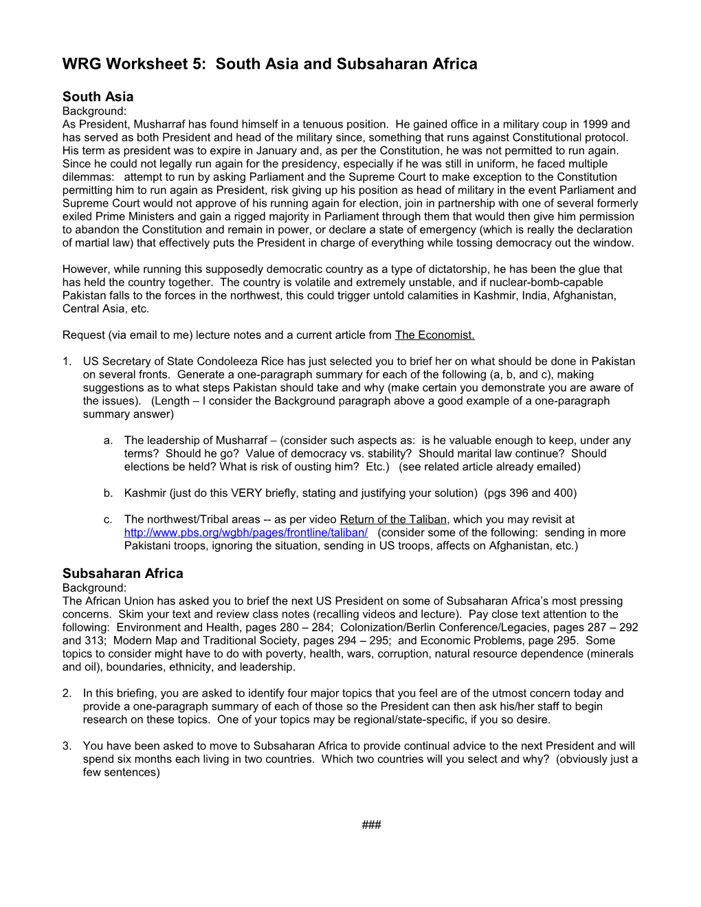 WRG Worksheet 5: South Asia and Subsaharan Africa