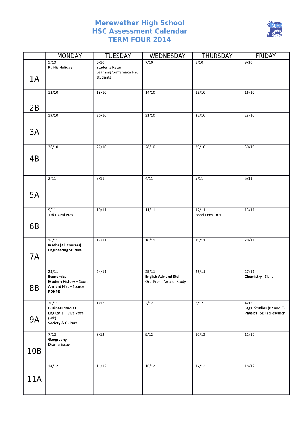 HSC Assessment Calendar