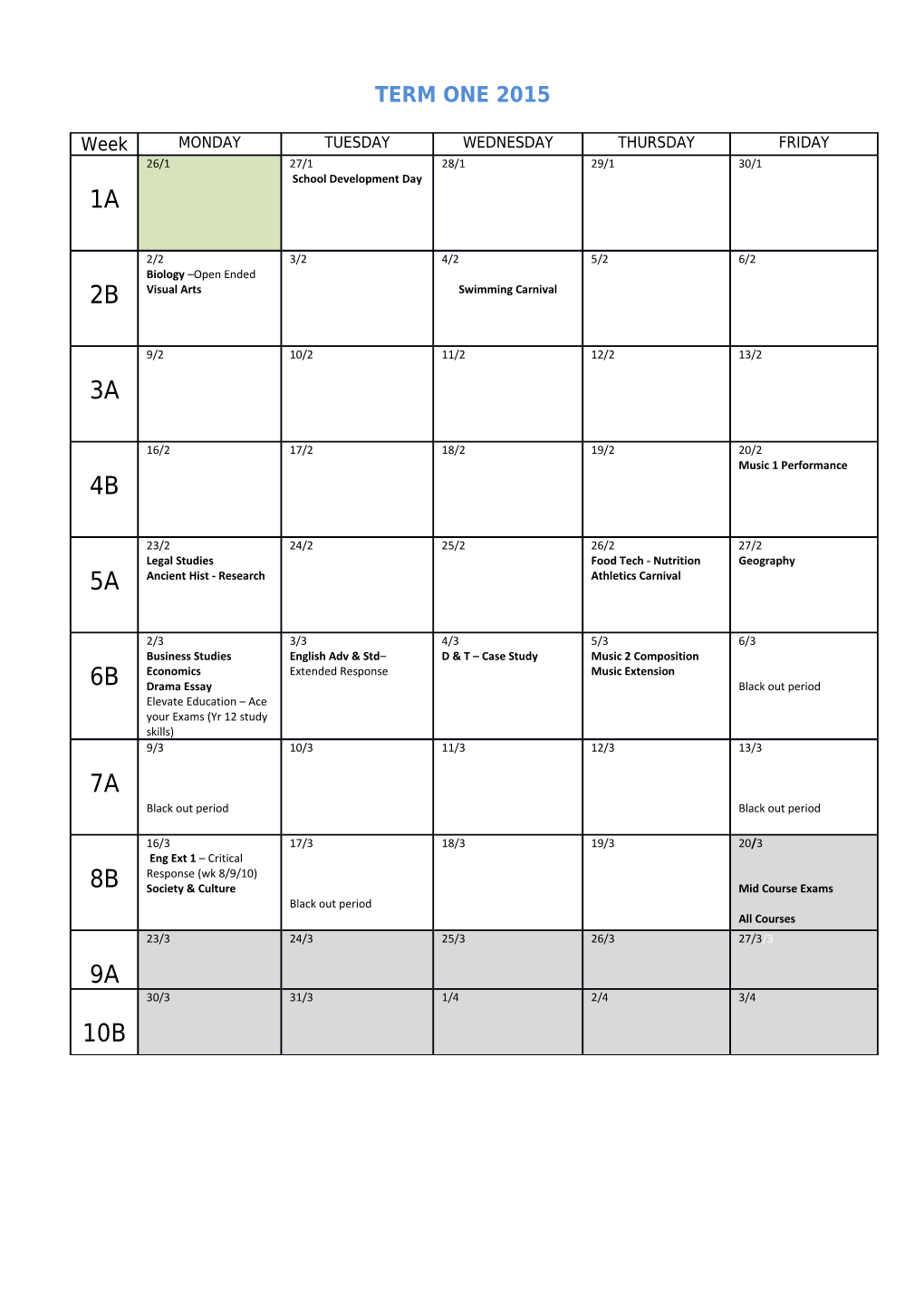 HSC Assessment Calendar