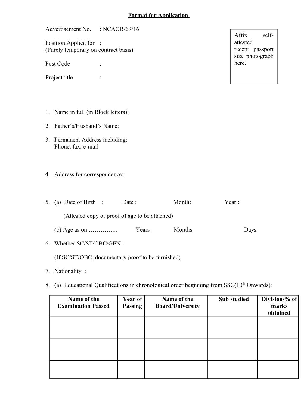 Format of the Application Form