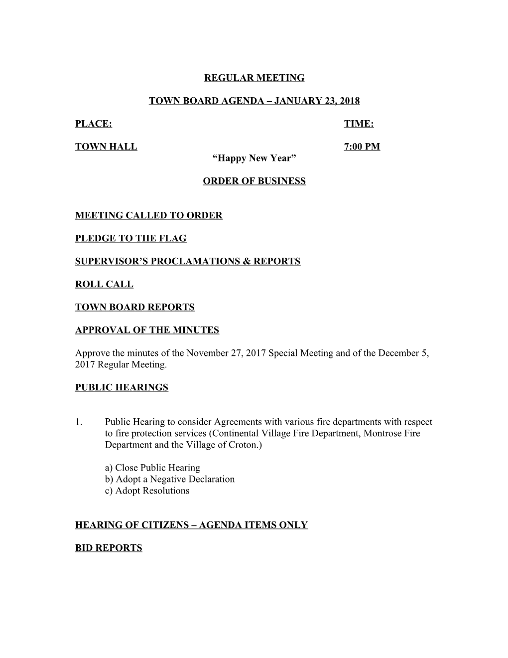 Town Board Agenda January 23, 2018