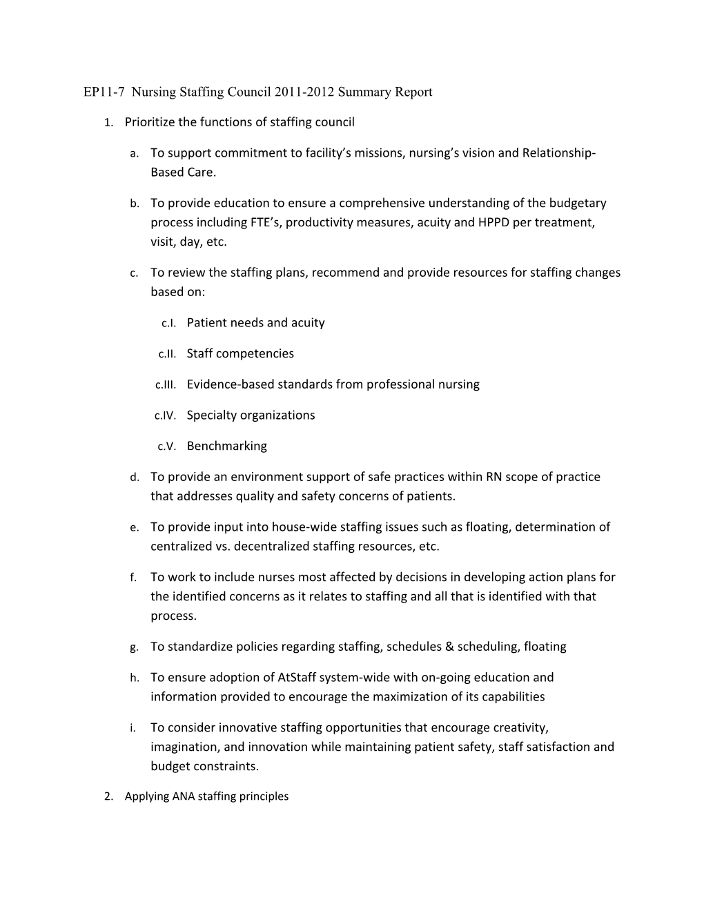 EP11-7 Nursing Staffing Council 2011-2012 Summary Report