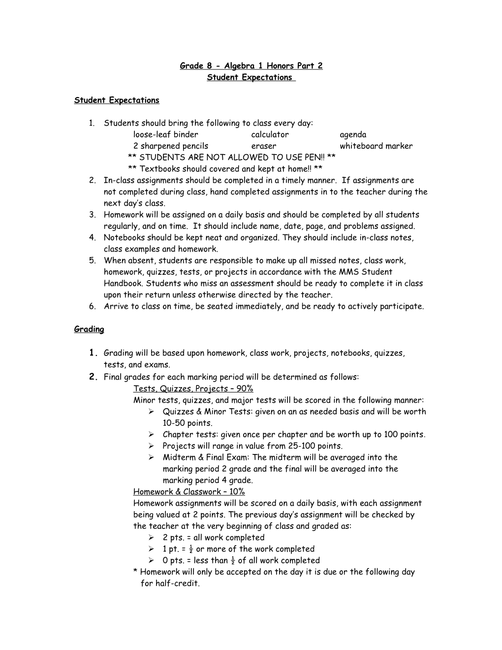 Grade 8 - Algebra 1 Honors Part 2