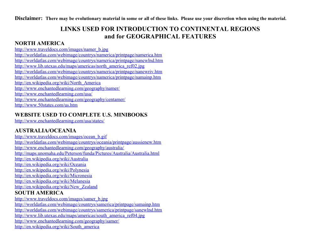 Links Used for Introduction to Continental Regions