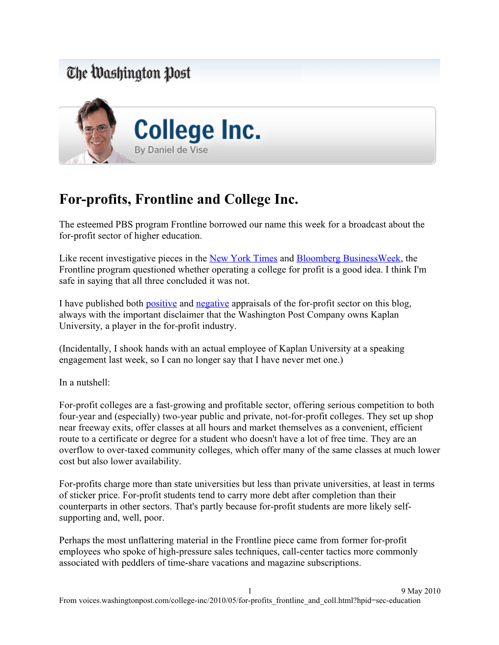 For-Profits, Frontline and College Inc