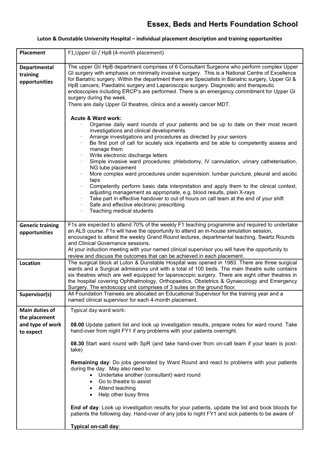 Luton & Dunstable University Hospital Individual Placement Description and Training