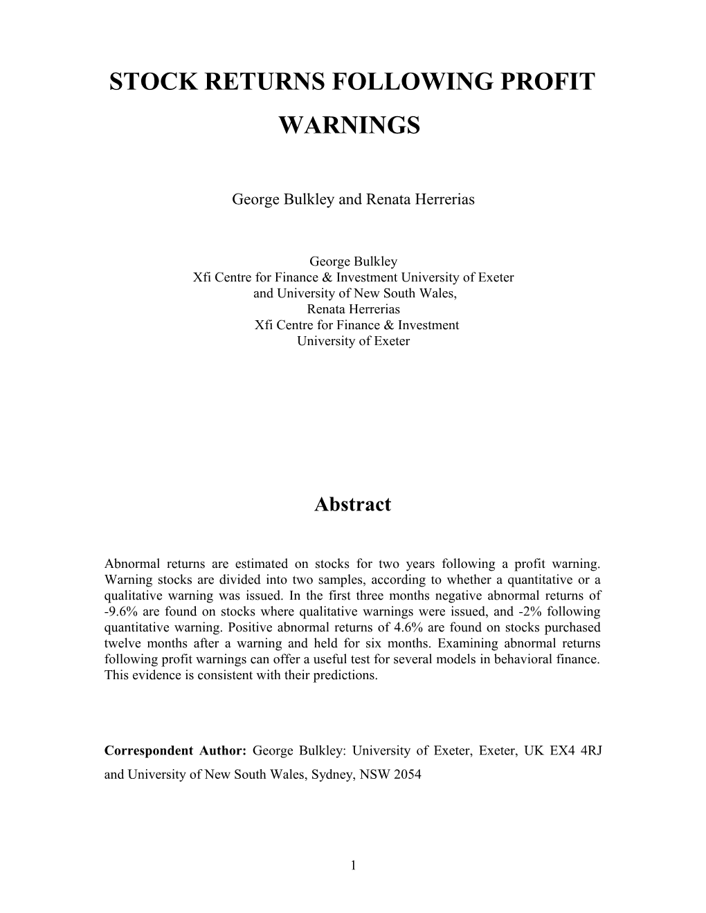 Stock Returns Following Profit Warnings: Evidence for Behavioral Finance