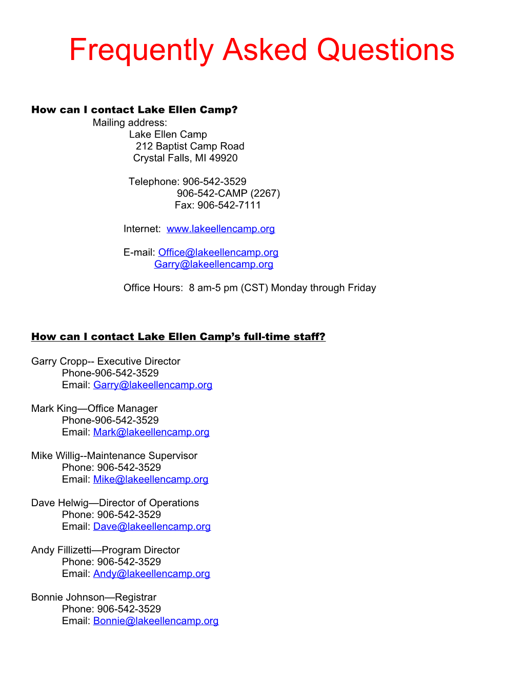 How Can I Contact Lake Ellen Camp?