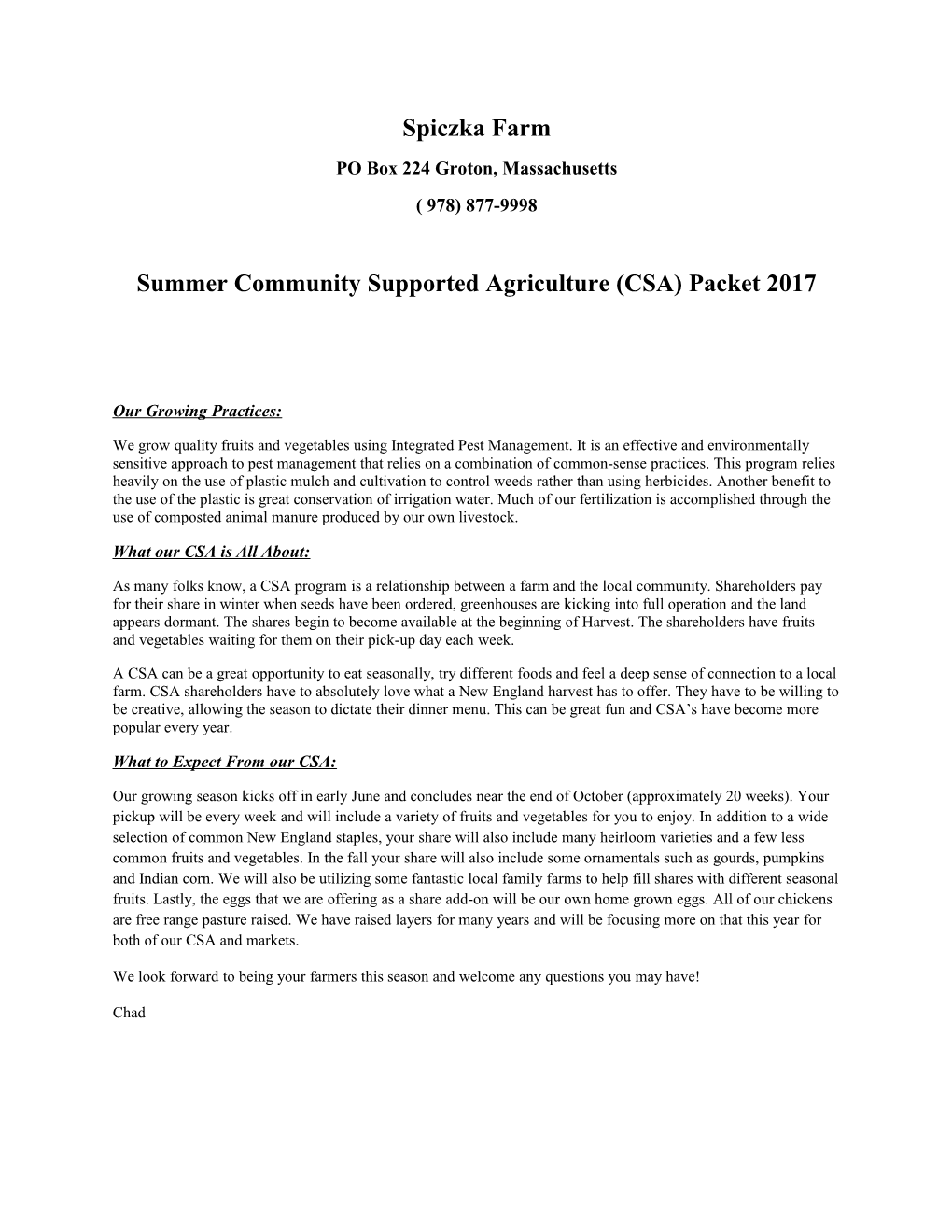Summer Community Supported Agriculture (CSA) Packet 2017