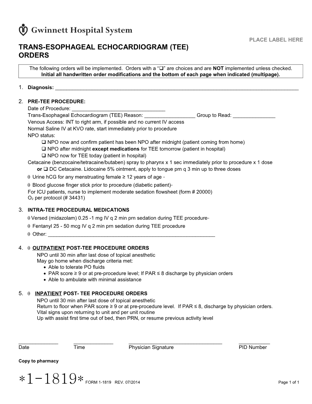 Trans-Esophageal Echocardiogram TEE Orders