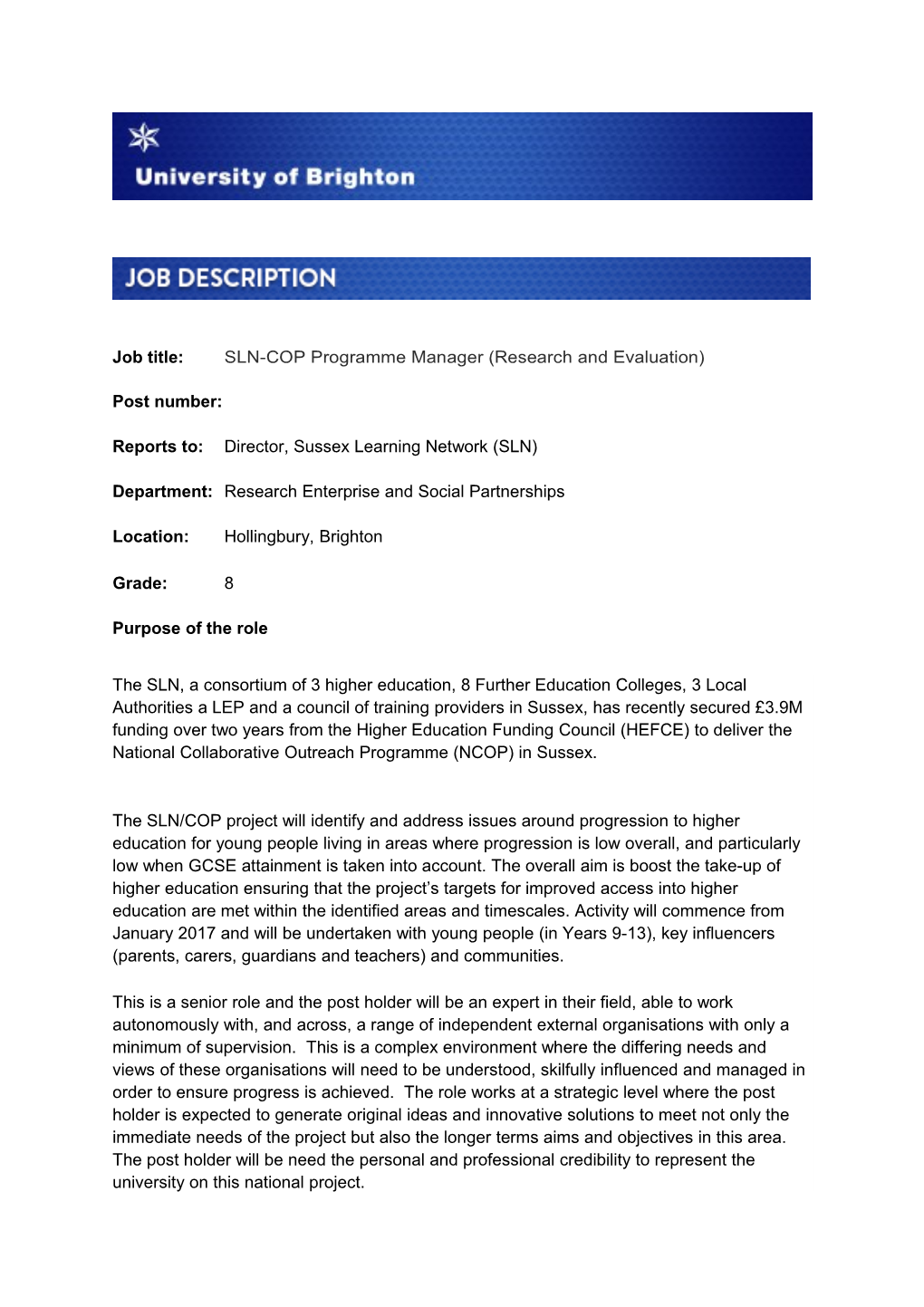 Job Title:SLN-COP Programme Manager (Research and Evaluation)