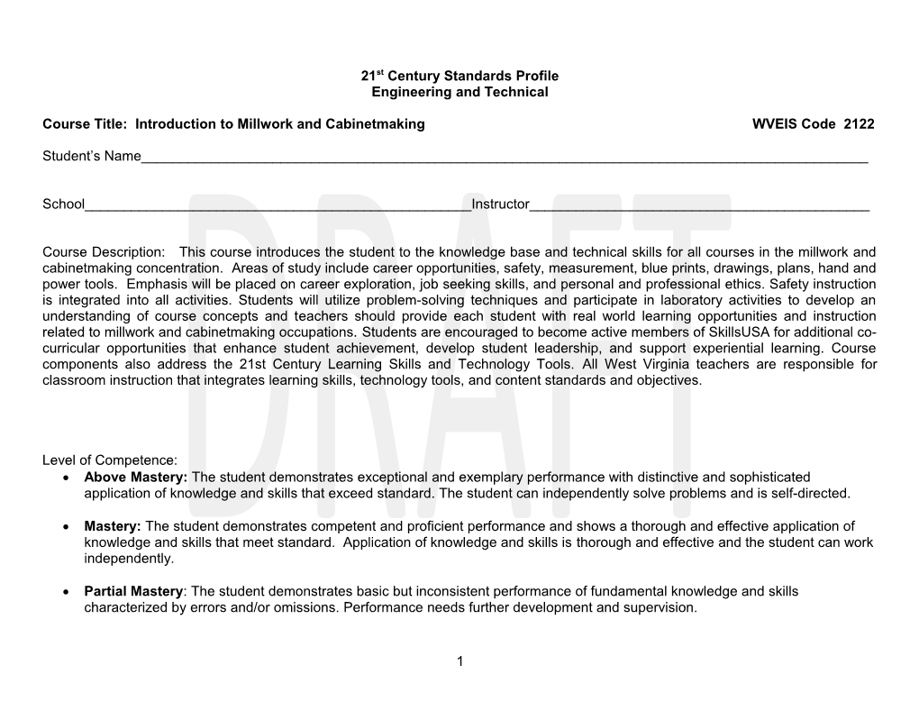 Course Title: Introduction to Millwork and Cabinetmaking WVEIS Code 2122