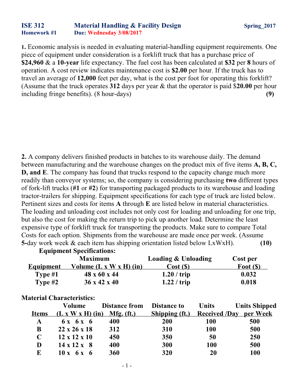 ISE 312 Material Handling & Facility Design Spring 2017