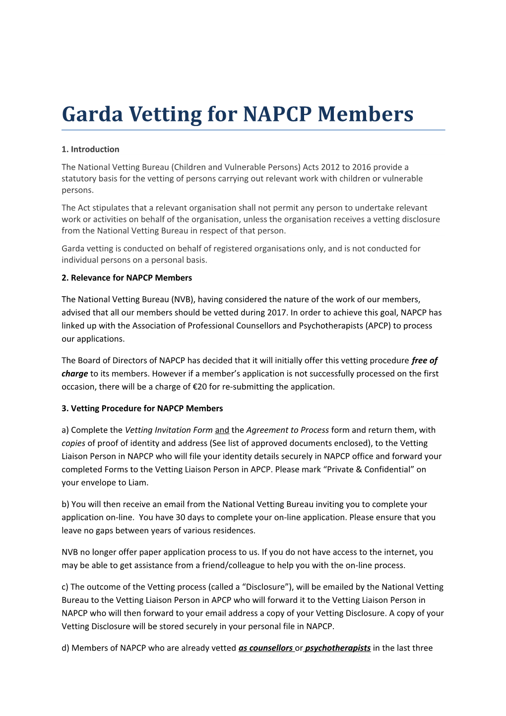 Garda Vetting for NAPCP Members