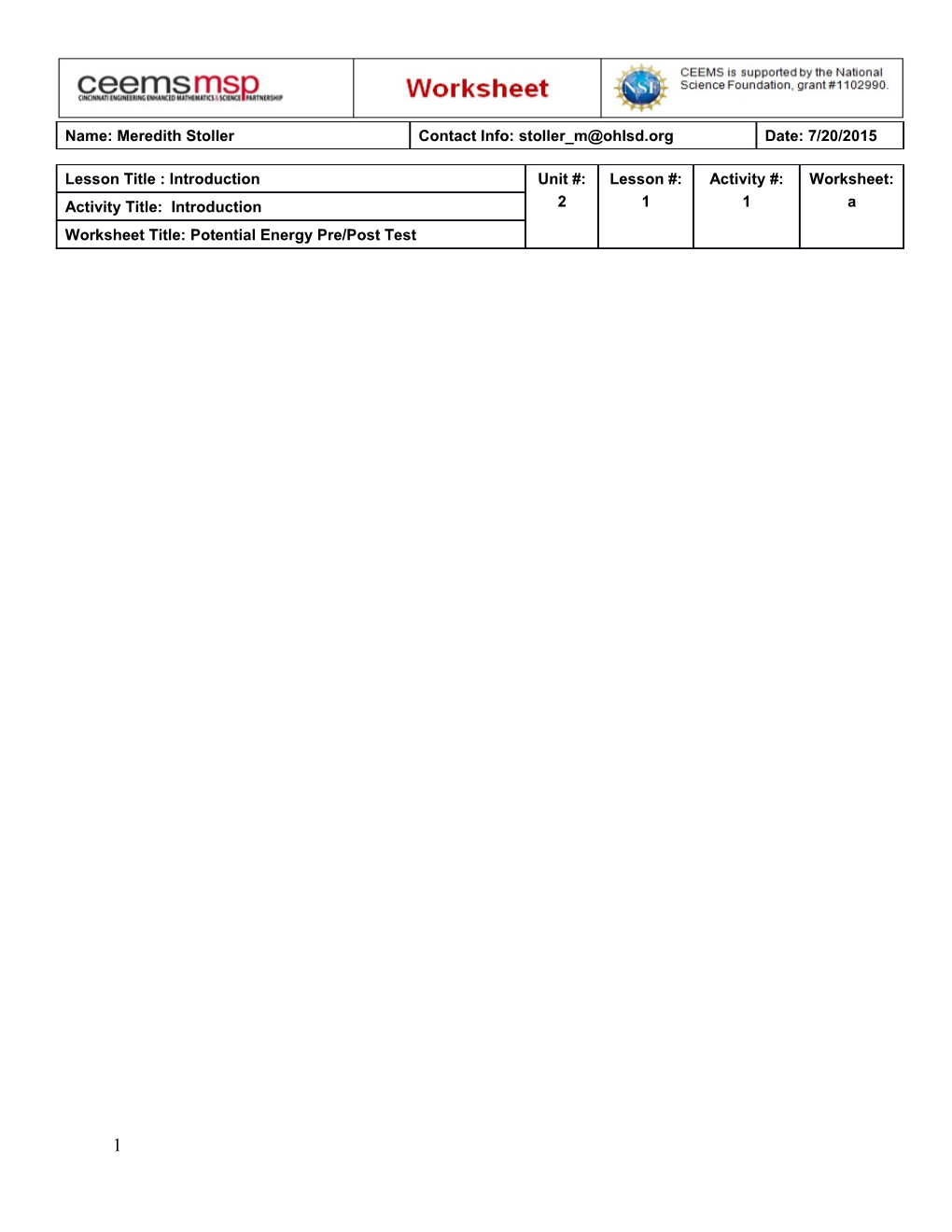 Potential Energy Pre/Post Test