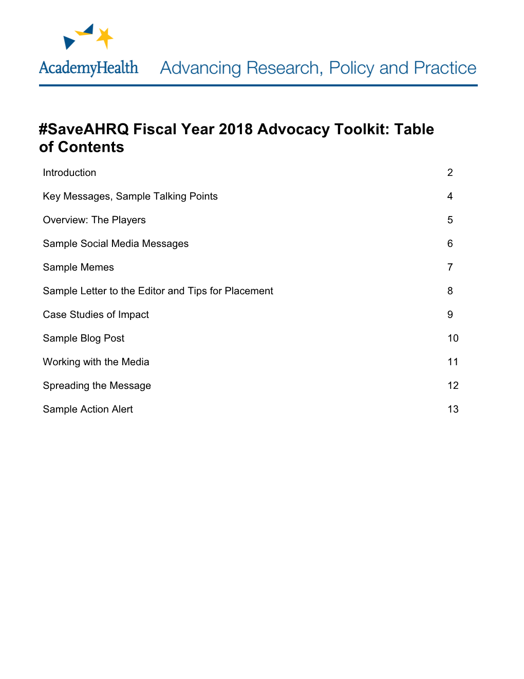 Saveahrq Fiscal Year 2018Advocacy Toolkit: Table of Contents