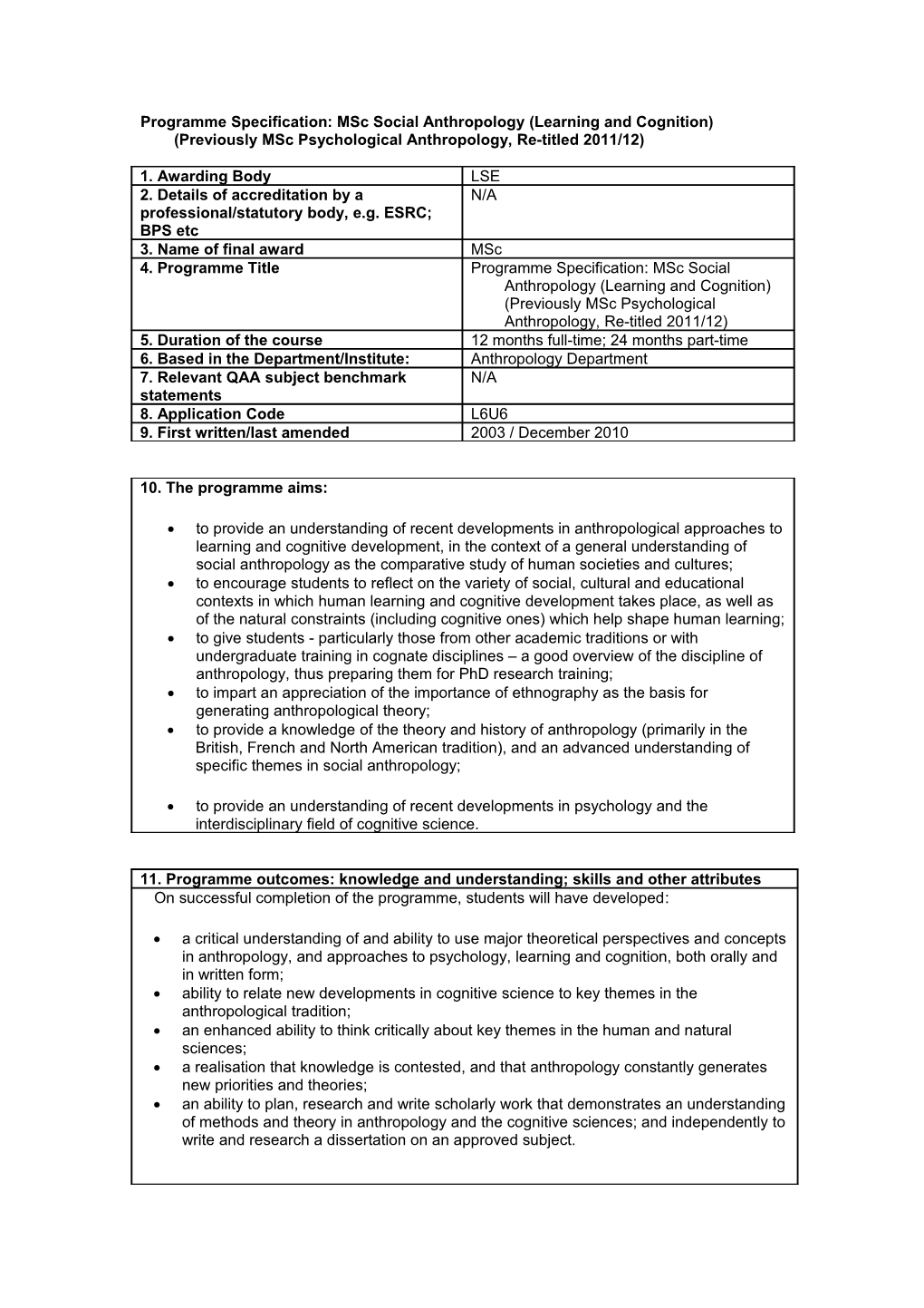 Programme Specification: Msc Psychological Anthropology