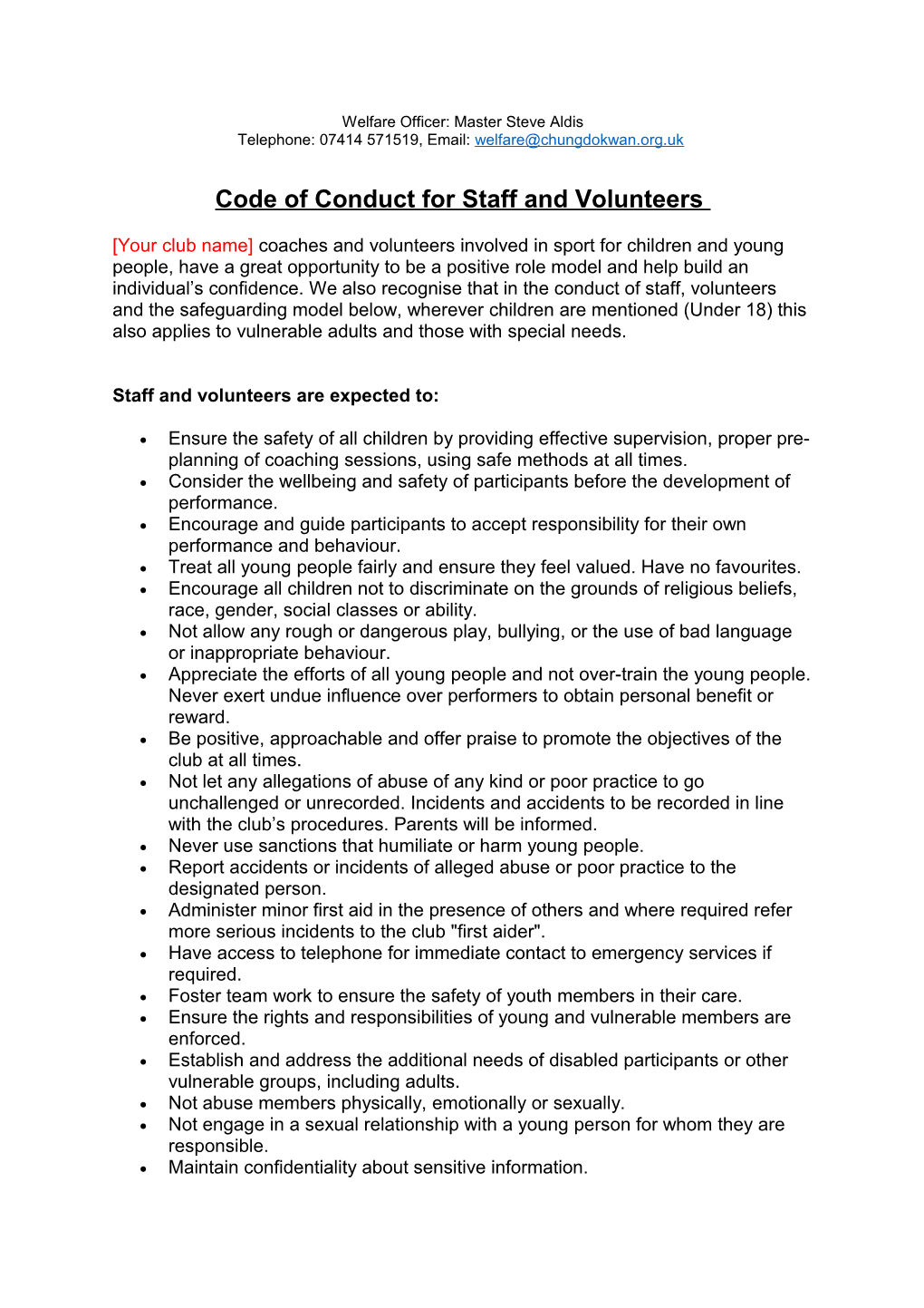 Code of Conduct for Staff and Volunteers