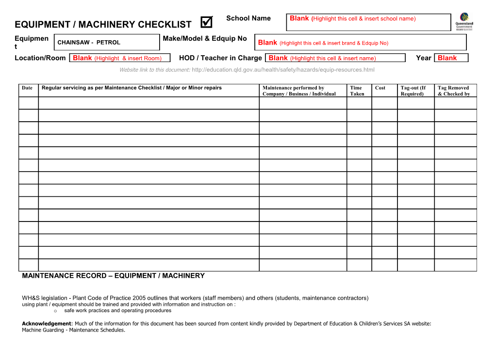 Maintenance Record Equipment / Machinery s1