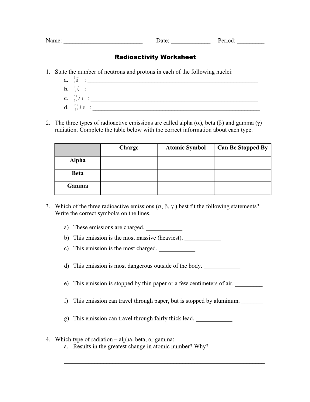 Radioactivity Worksheet