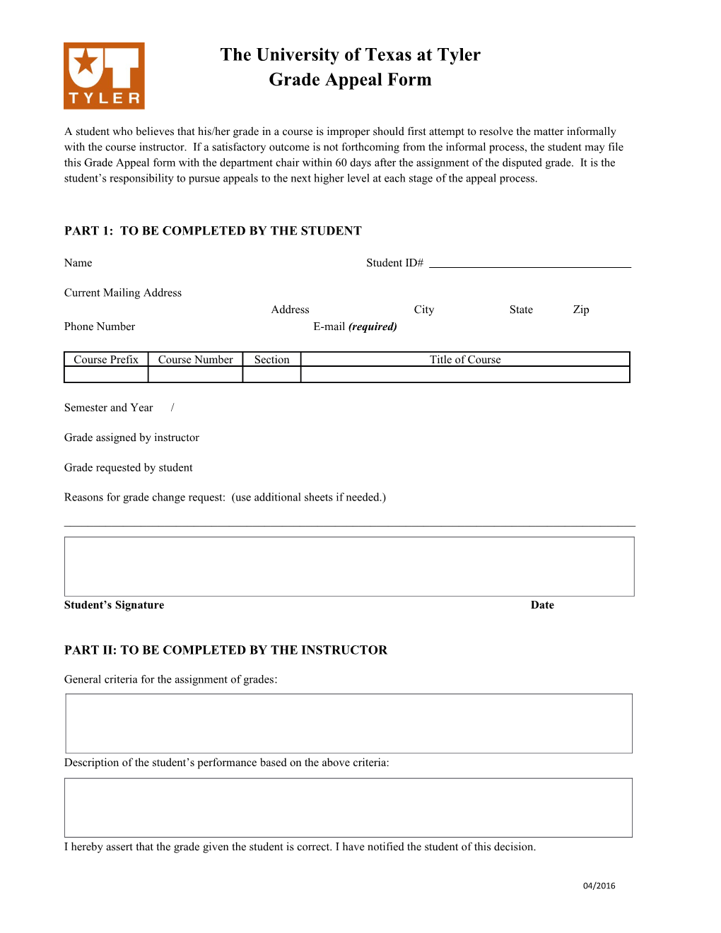 The University of Texas at Tyler Grade Appeal Form