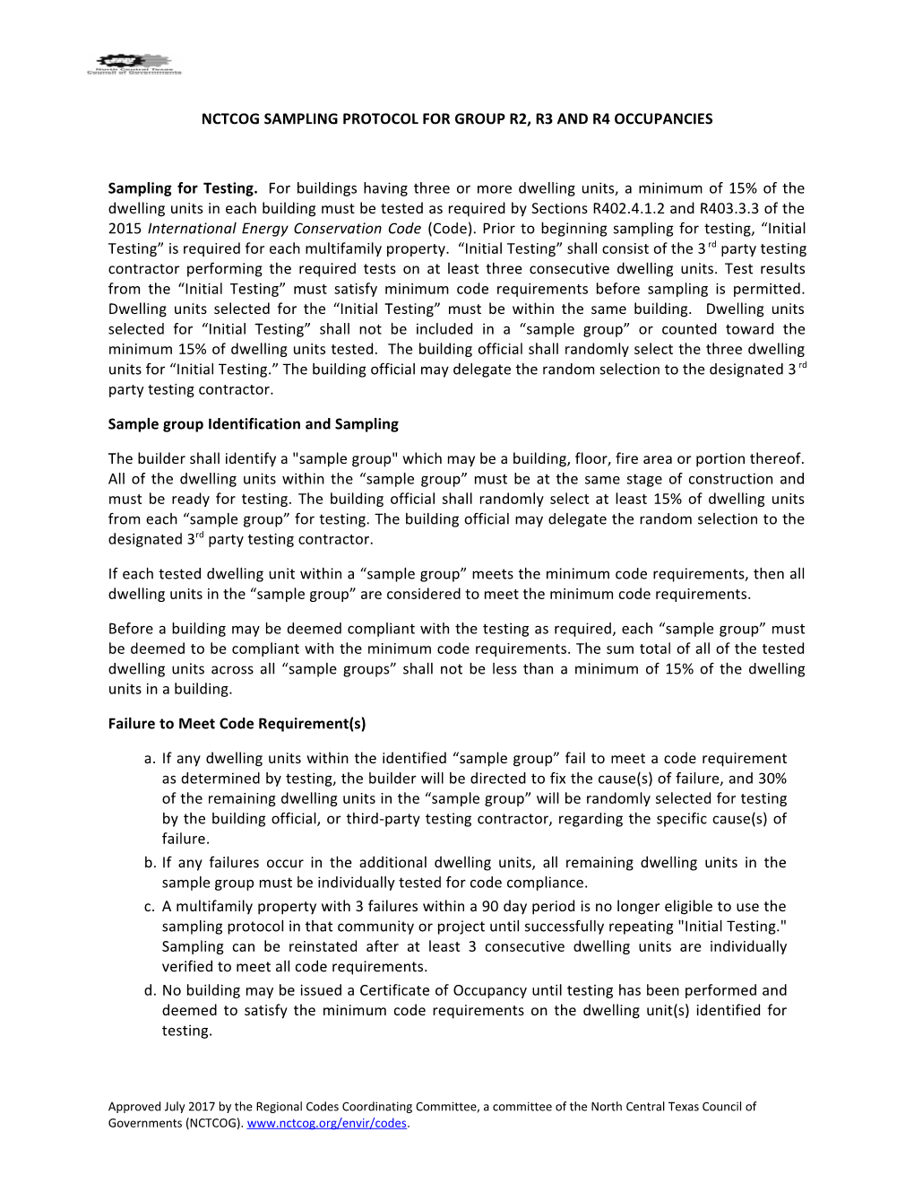 Nctcog Sampling Protocol for Group R2, R3 and R4 Occupancies