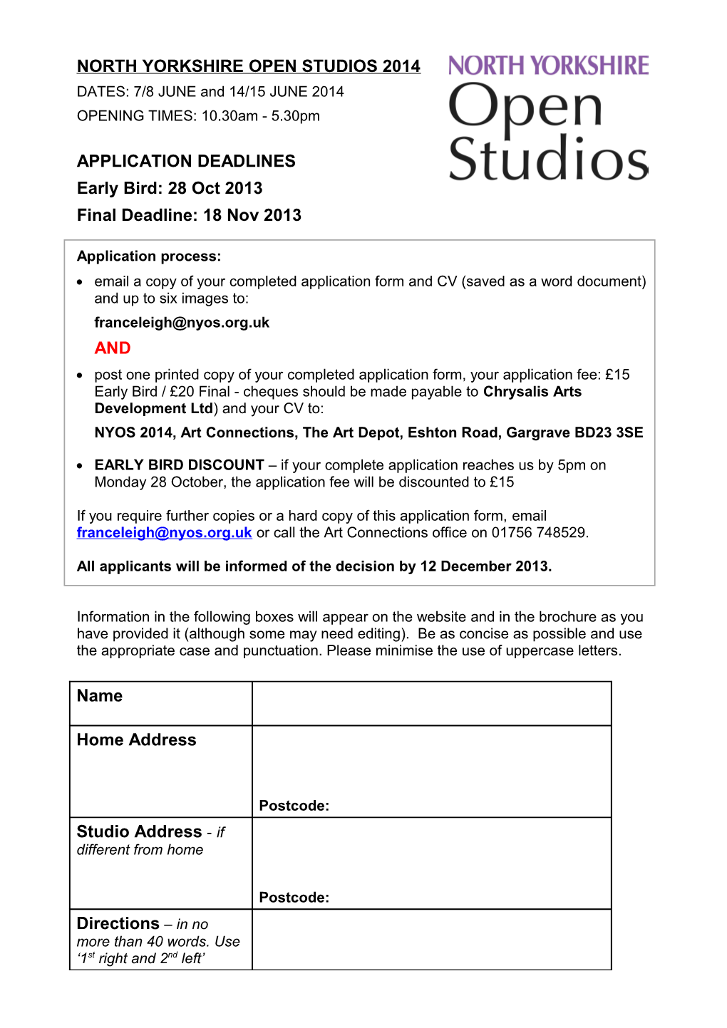 North Yorkshire Open Studios 2011 Application Form