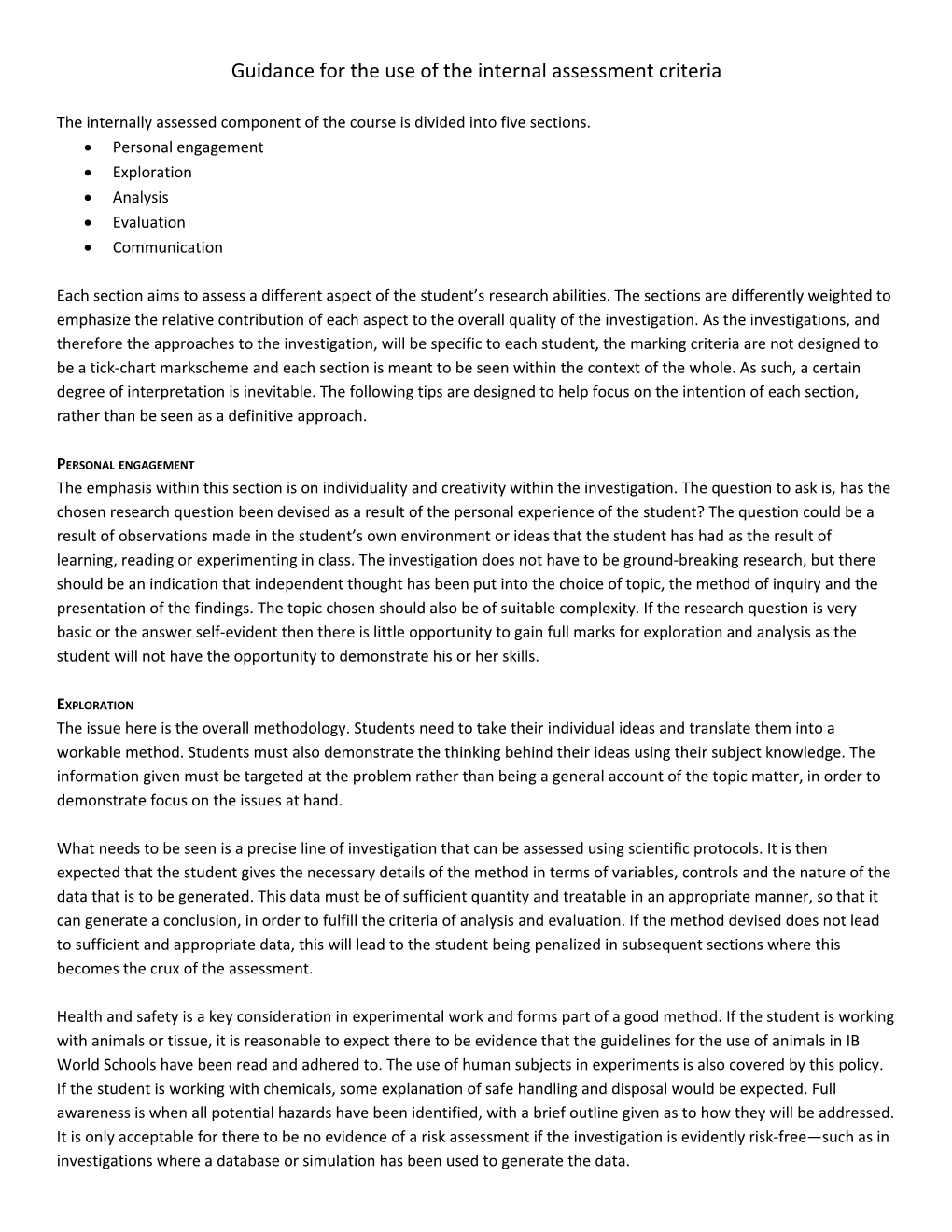 Guidance for the Use of the Internal Assessment Criteria