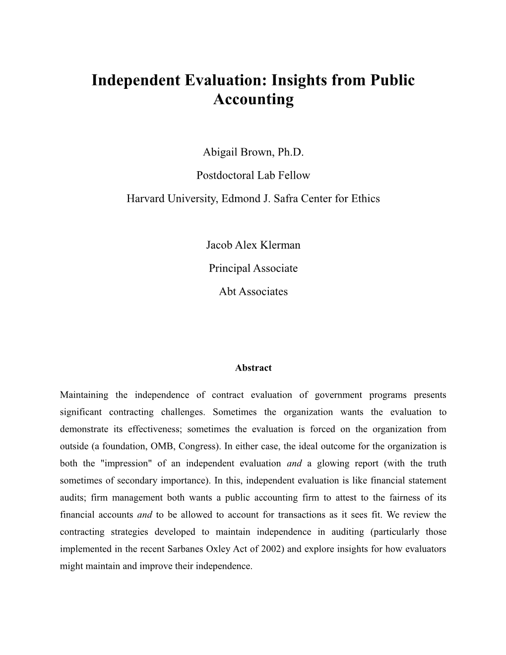Independent Evaluation: Insights from Public Accounting