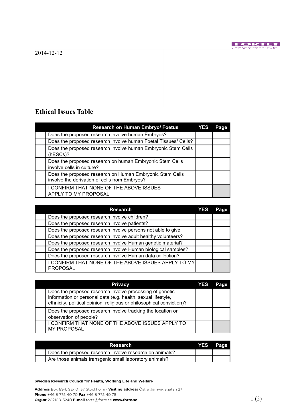 Ethical Issues Table