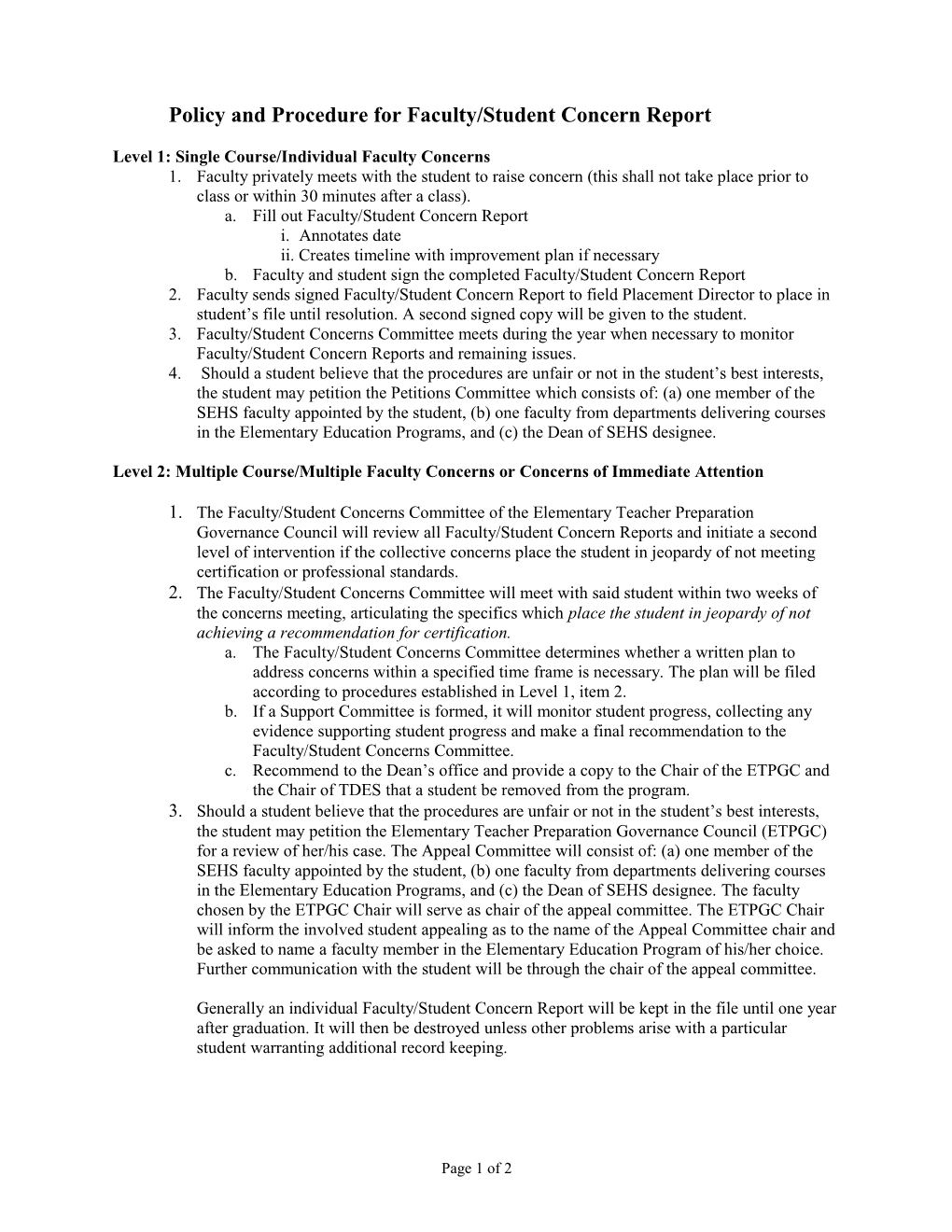 Policy and Procedure for Faculty/Student Concern Report
