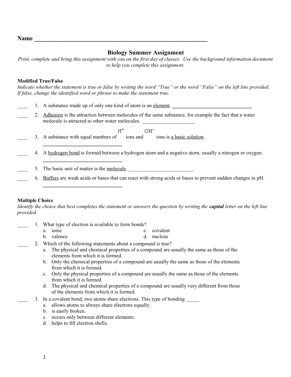 Biology Summer Assignment