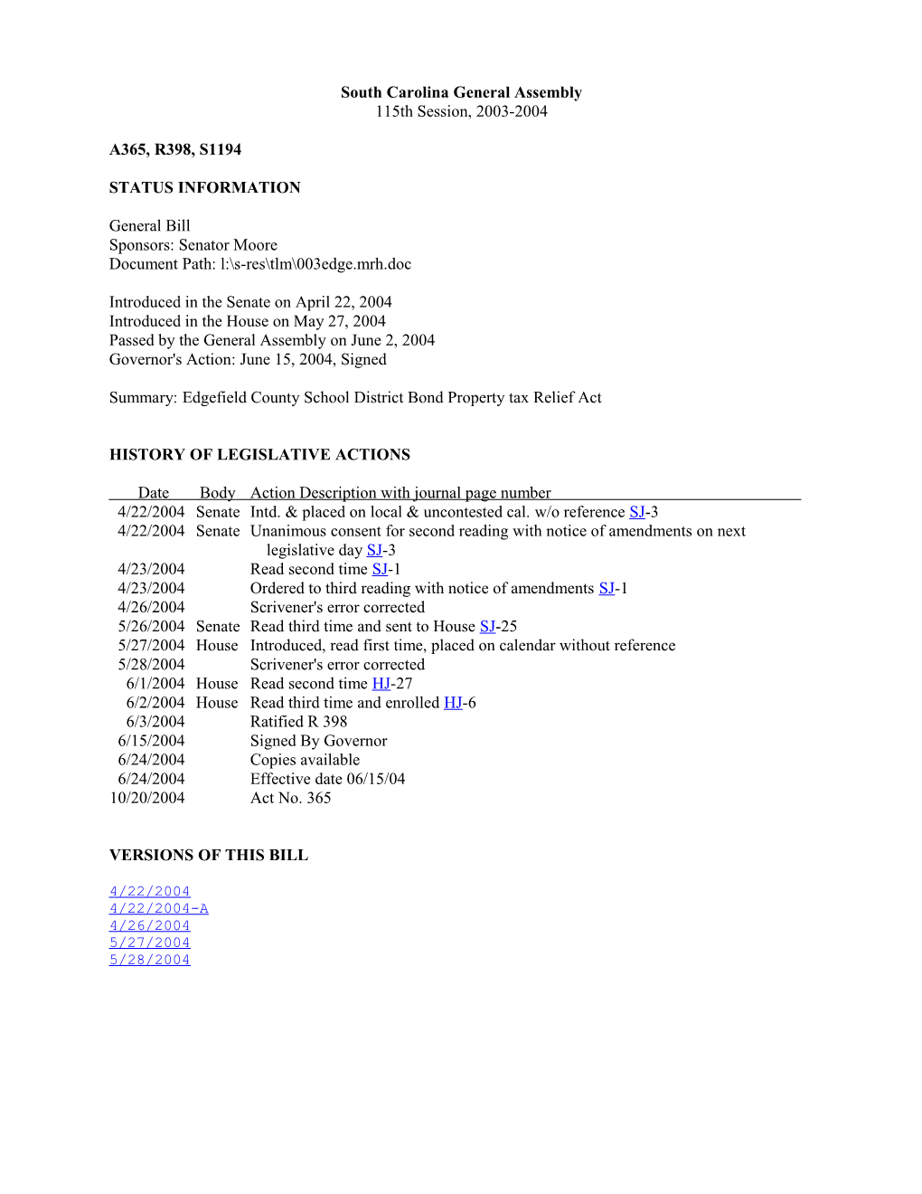 2003-2004 Bill 1194: Edgefield County School District Bond Property Tax Relief Act - South