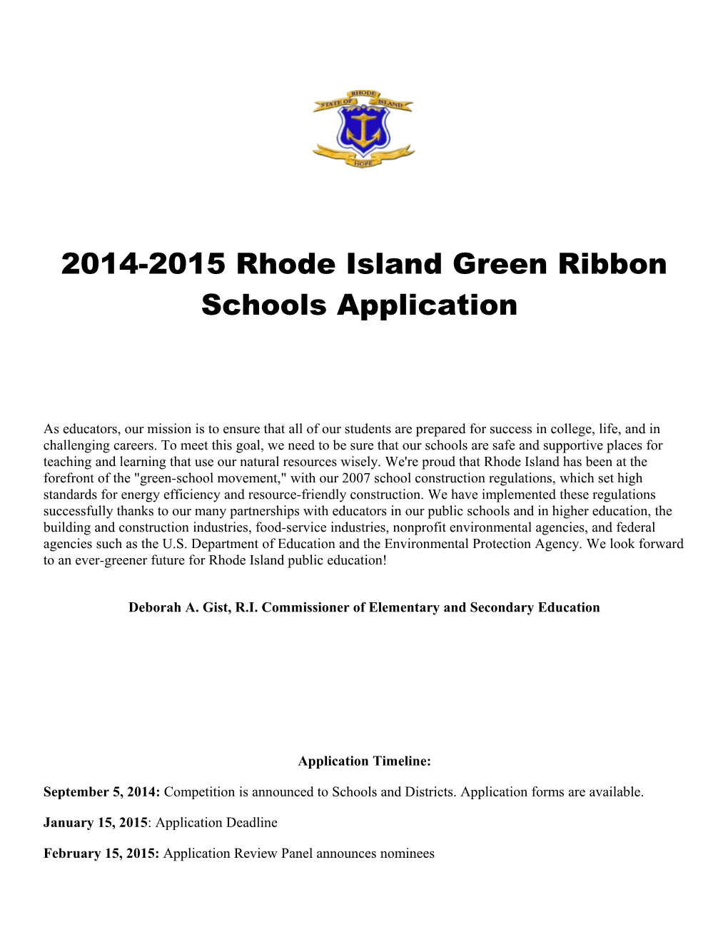 2014-2015 Rhode Island Green Ribbon Schools Application