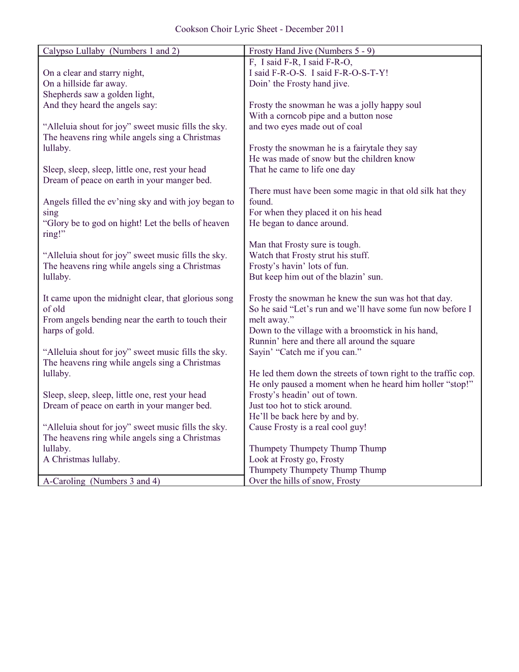 Cookson Choir Lyric Sheet - December 2011