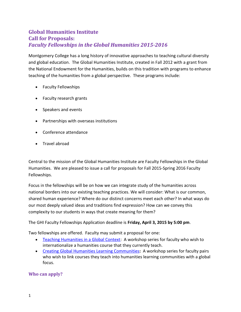 Facultyfellowships in the Global Humanities 2015-2016