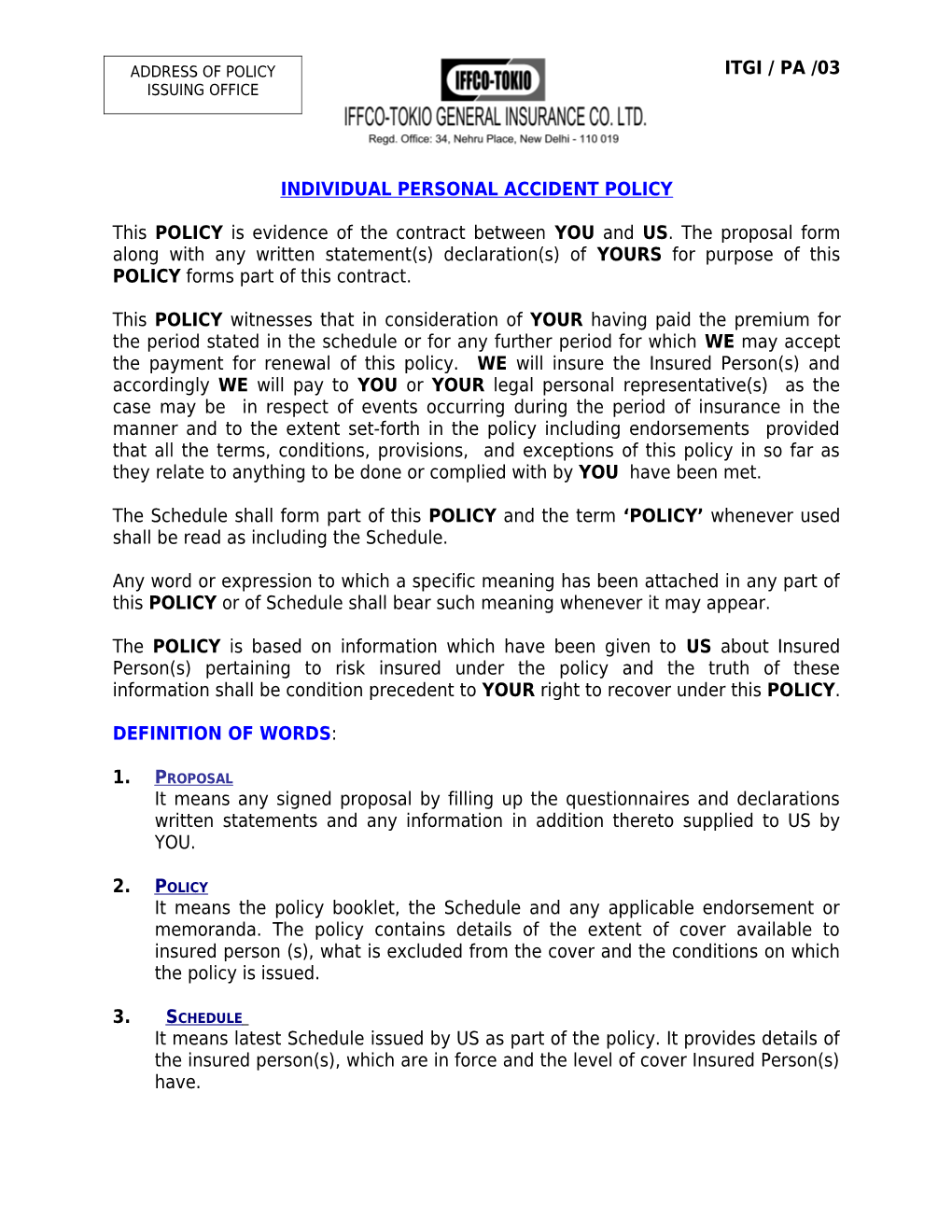 Individual Personal Accident Policy
