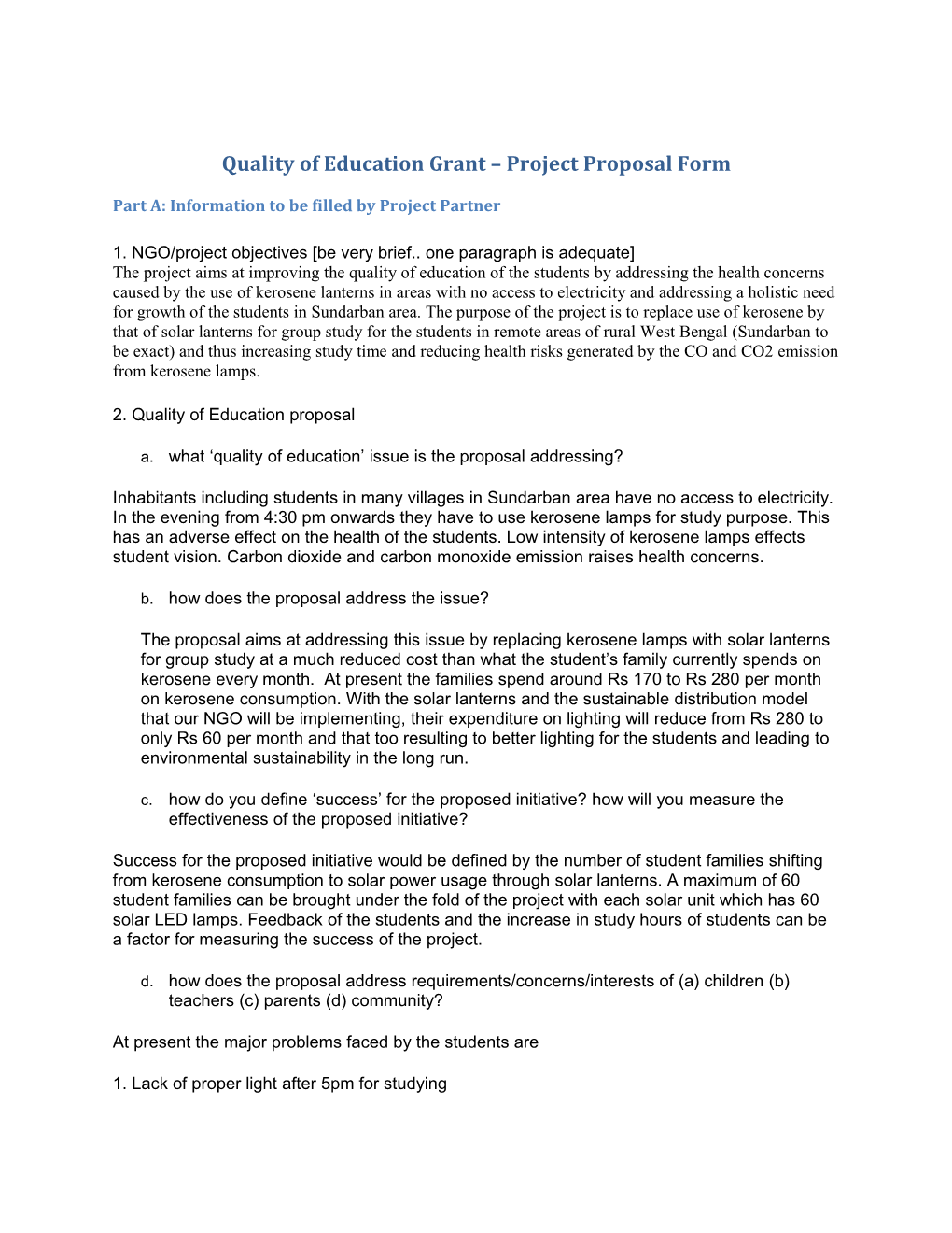 Quality of Education Grant Project Proposal Form