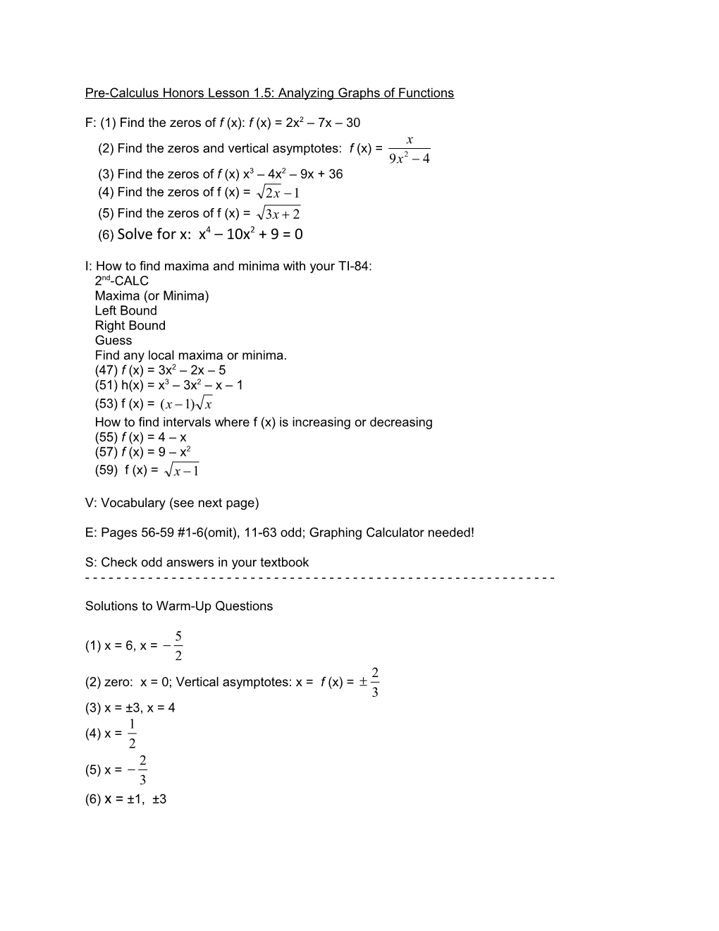 Pre-Calculus Honors Lesson 1.5: Analyzing Graphs of Functions