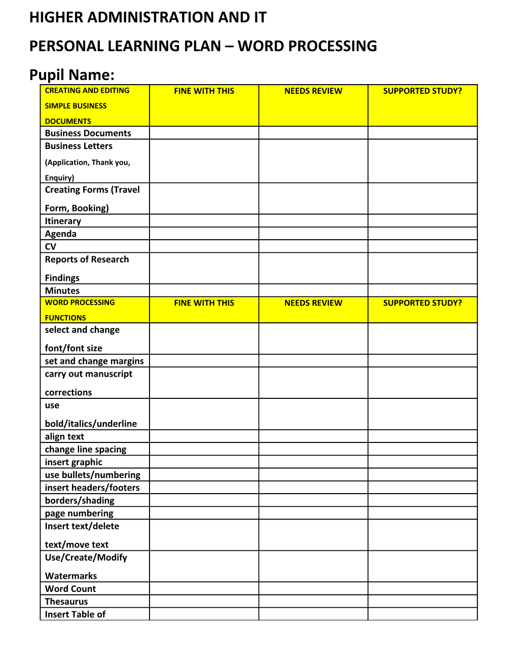 Personal Learning Plan Word Processing