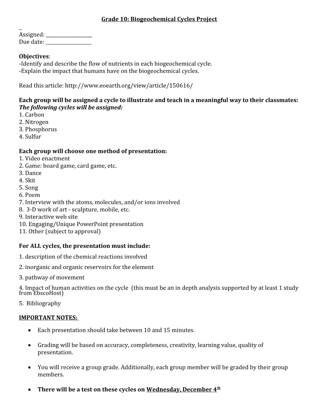 Grade 10: Biogeochemical Cycles Project