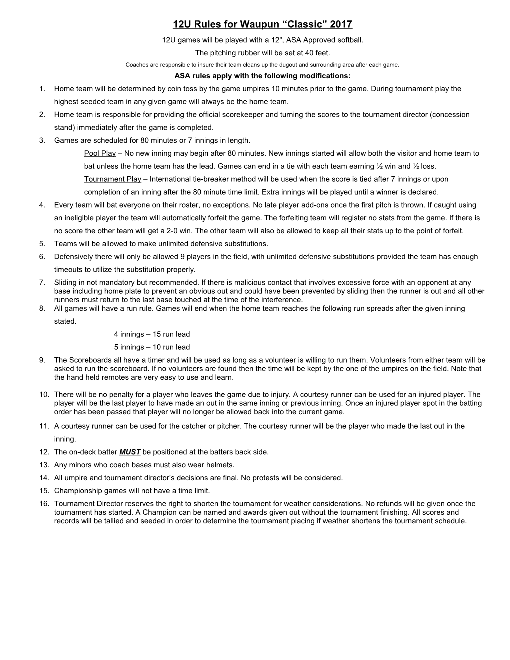 12U Rules for Waupun Classic 2017