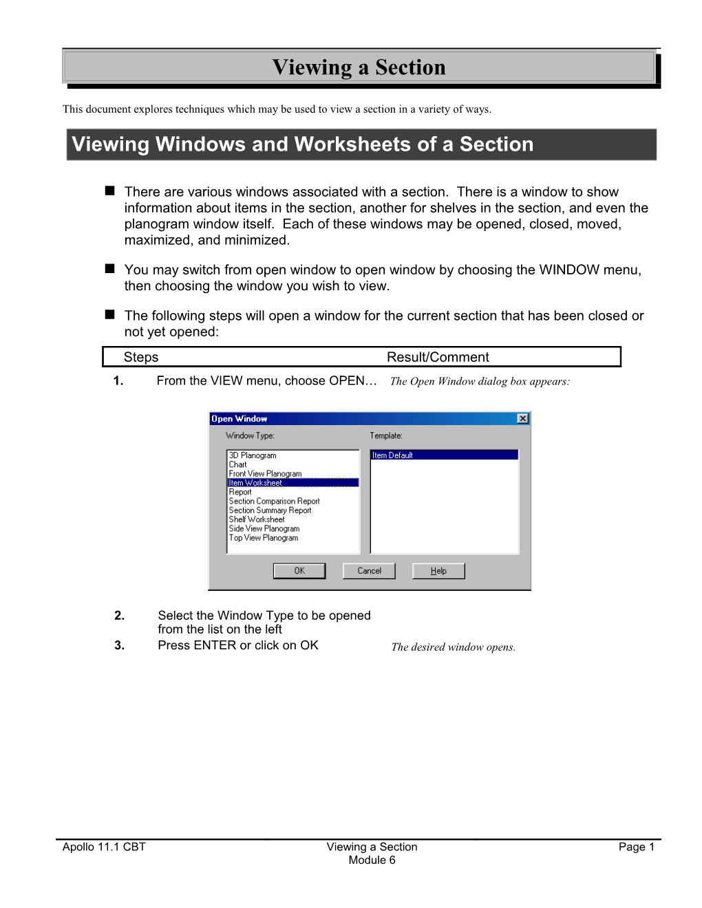 Viewing Windows and Worksheets of a Section