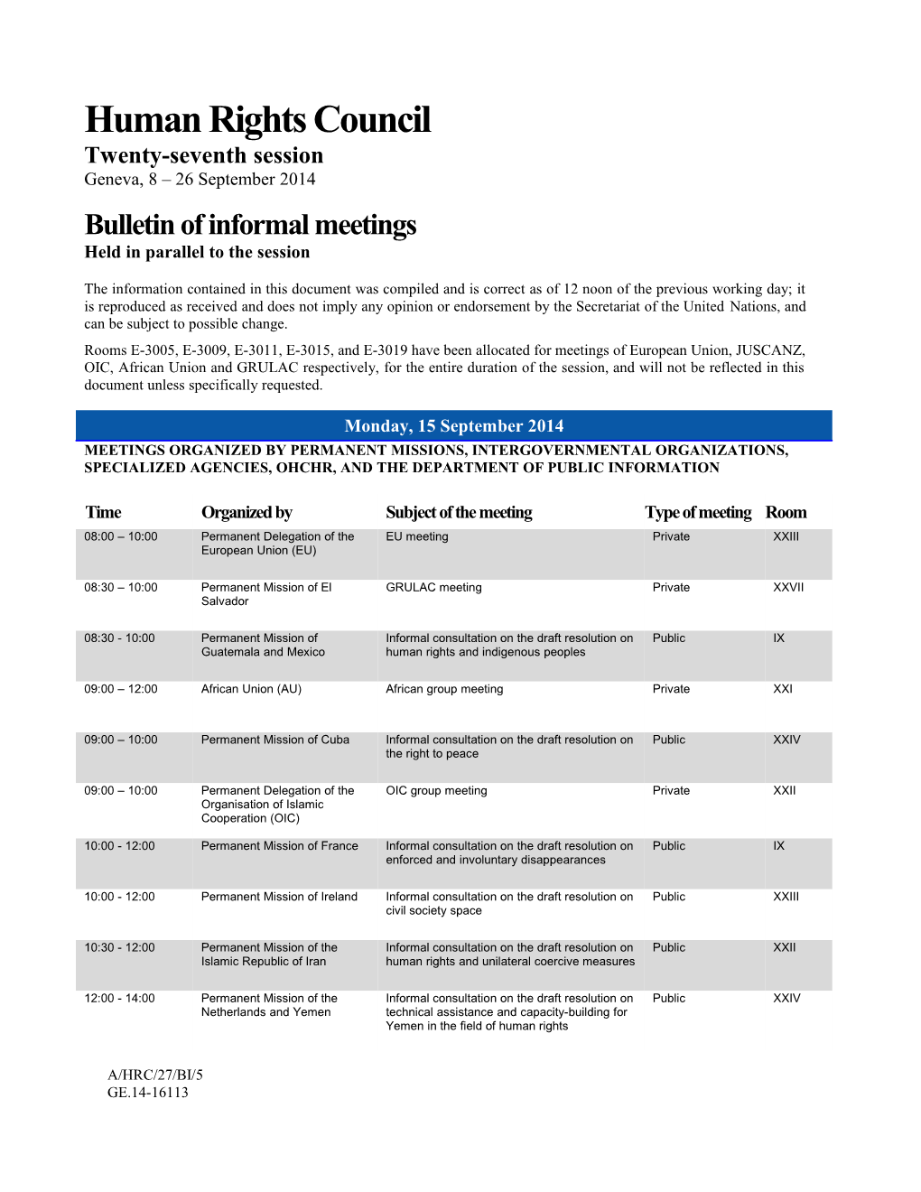 Bulletin of Informal Meetings, Monday, 15 September 2014 in English